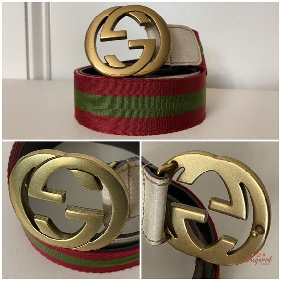 Authentic Gucci Red/Green Web Leather Gold Interlocking G Buckle Belt 85/34 - Picture 5 of 13